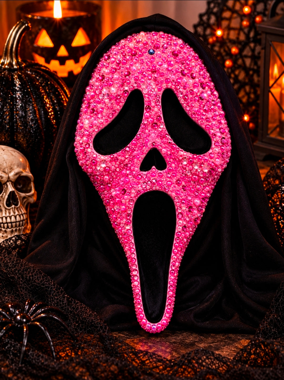 Neon pink hand-bedazzled Ghostface-inspired Halloween mask with sparkling rhinestones - Wild Willow Jewelry
