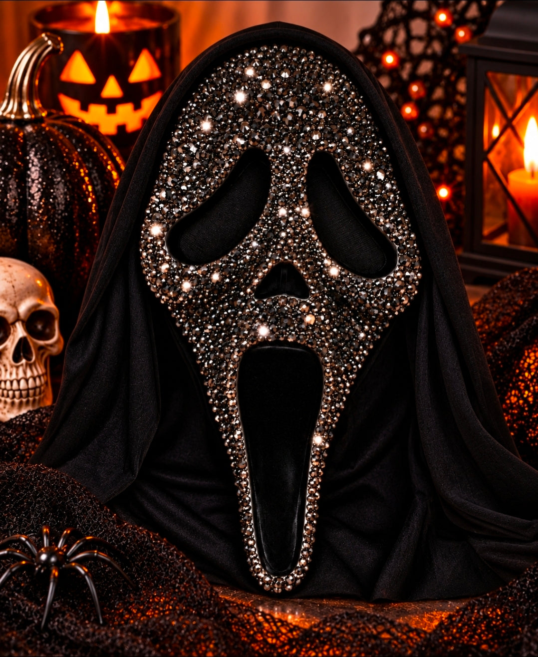 Black hand-bedazzled Ghostface-inspired Halloween mask with smoky crystal rhinestones - Wild Willow Jewelry