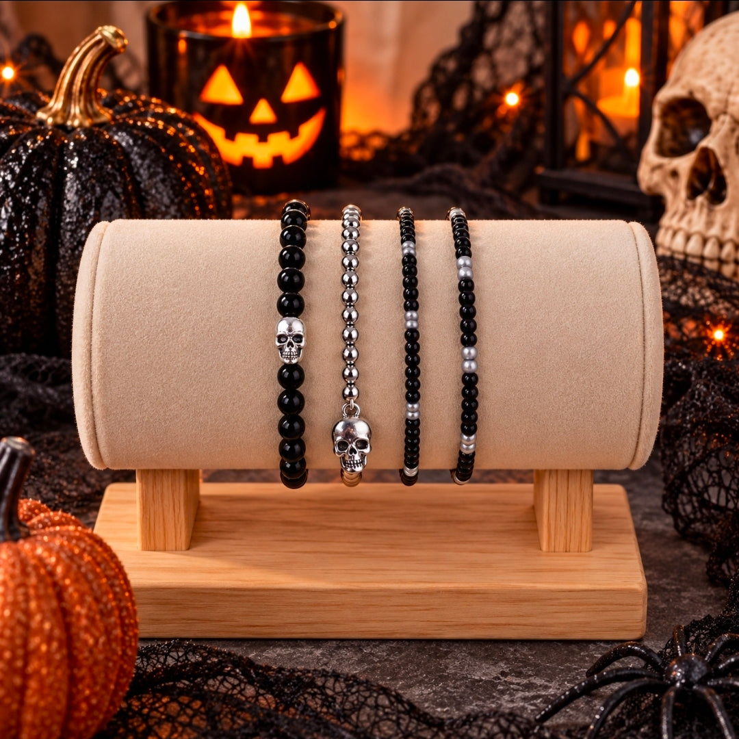 Bones at Midnight black and silver skull Halloween bracelet stack - Wild Willow Jewelry