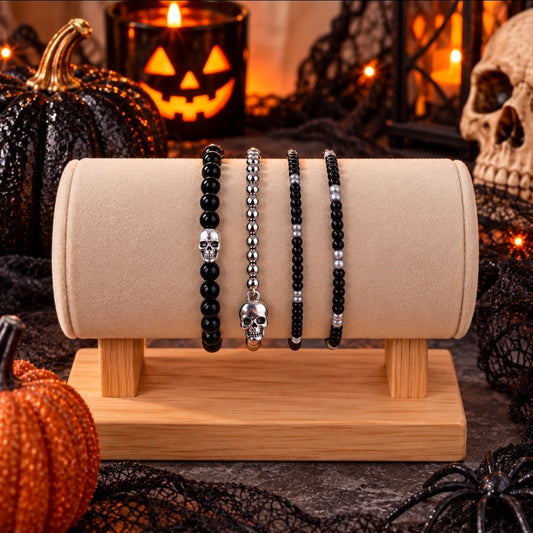 Bones at Midnight black and silver skull Halloween bracelet stack - Wild Willow Jewelry