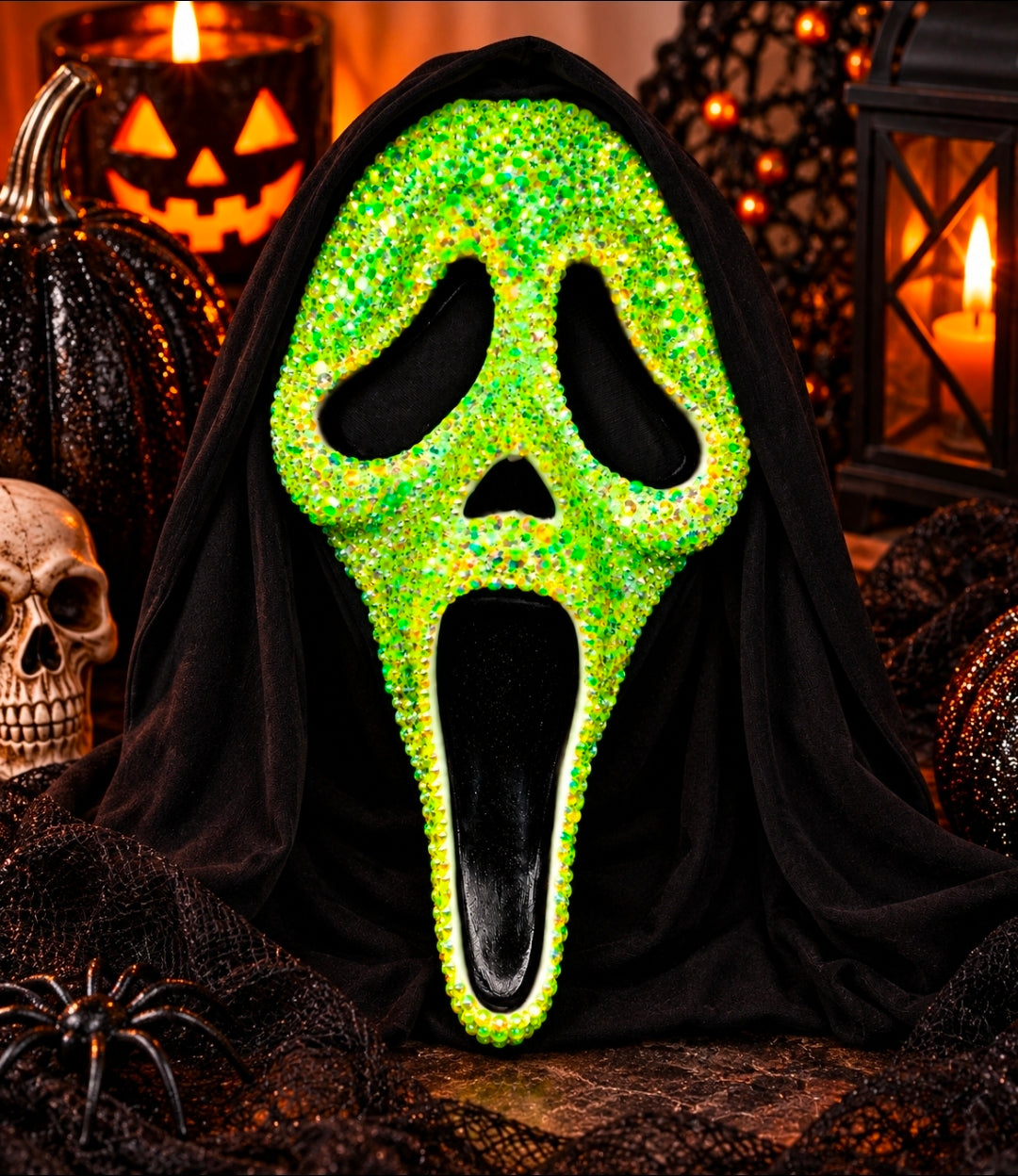 Neon green hand-bedazzled Ghostface-inspired Halloween mask with sparkling rhinestones - Wild Willow Jewelry