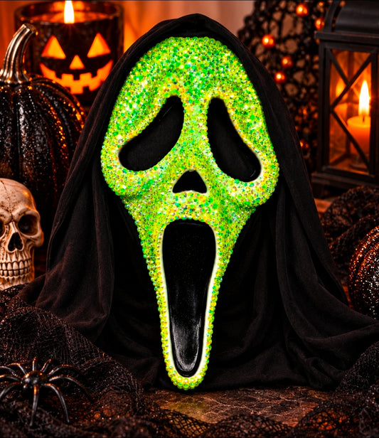 Neon green hand-bedazzled Ghostface-inspired Halloween mask with sparkling rhinestones - Wild Willow Jewelry