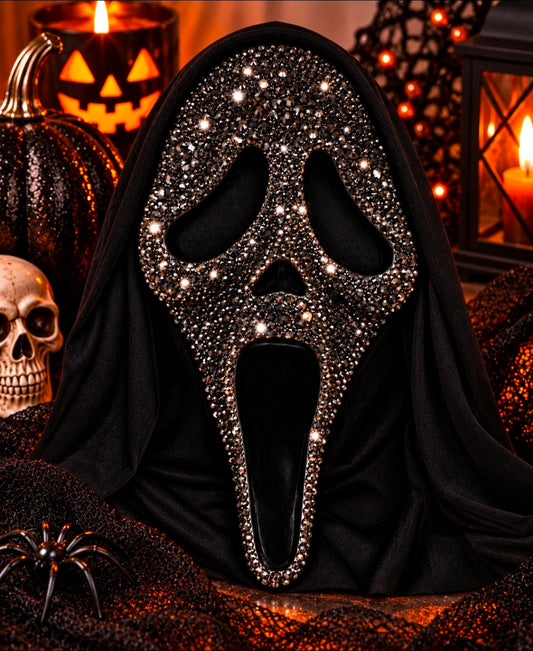 Black hand-bedazzled Ghostface-inspired Halloween mask with smoky crystal rhinestones - Wild Willow Jewelry