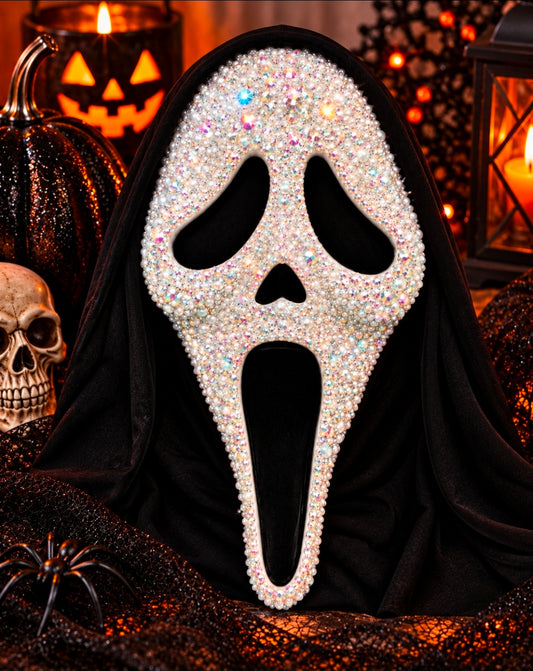 White hand-bedazzled Ghostface-inspired Halloween mask with iridescent rhinestones - Wild Willow Jewelry