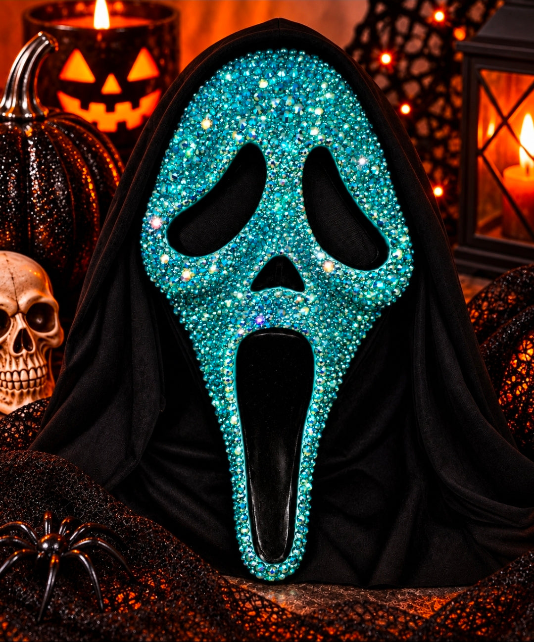 Turquoise hand-bedazzled Ghostface-inspired Halloween mask with rhinestones - Wild Willow Jewelry