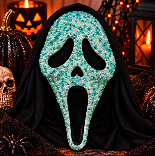 Under The Sea hand-bedazzled Ghostface-inspired Halloween mask in aqua, pearl and crystal - Wild Willow Jewelry